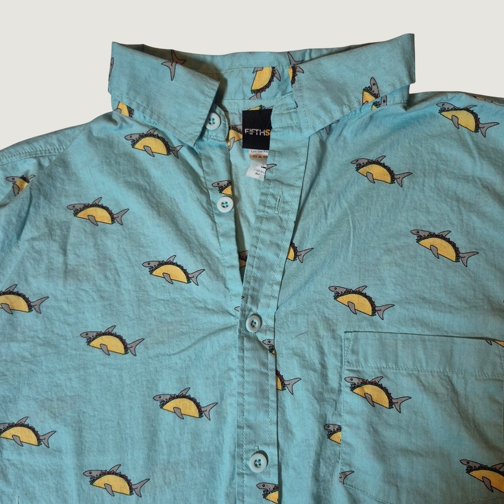 Fifth Sun Shark Taco Print Button Up Shirt Mens M Blue Short Sleeve Casual Fun